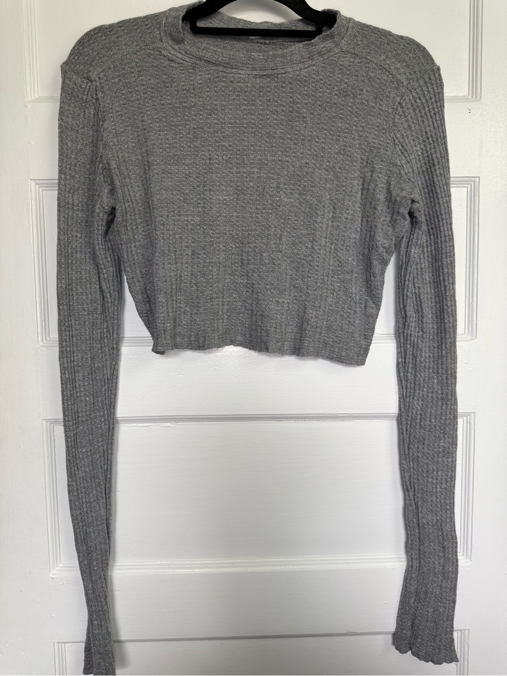 Free People Intimately Gray Ribbed Waffle Knit Long-Sleeve Cropped Top Cozy S